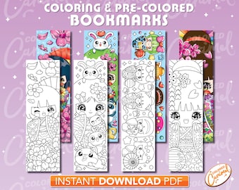 May include: Set of six printable bookmarks featuring cute cartoon girls in traditional Japanese clothing. The bookmarks are available in both coloring and pre-colored versions. The text "COLORING & PRE-COLORED BOOKMARKS" is at the top of the image. The text "INSTANT DOWNLOAD PDF" is at the bottom of the image.