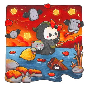 May include: Whimsical illustration of a cartoon Grim Reaper character with a red bow, riding a broom over water. The scene includes floating gray tombstones with bat wings, stars, and a gray cat. The background features a sunset with orange and red hues.