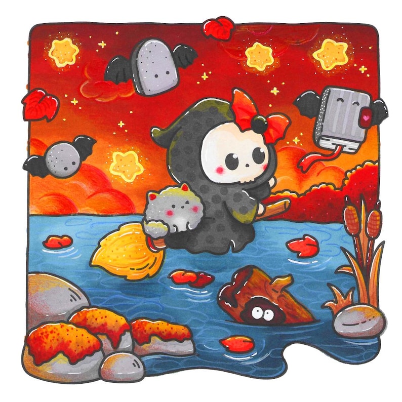 May include: Whimsical illustration of a cartoon Grim Reaper character with a red bow, riding a broom over water. The scene includes floating gray tombstones with bat wings, stars, and a gray cat. The background features a sunset with orange and red hues.
