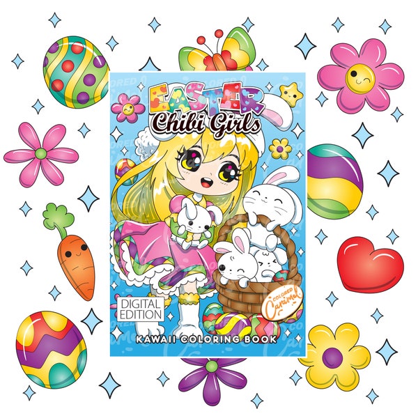 Chibi Girls Easter Kawaii Coloring Book, Printable Instant Digital Download PDF, Spring Colorable Pages with Cute Bunnies, Dolls, Eggs