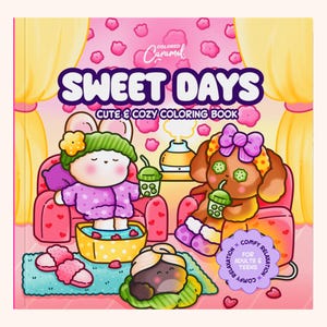 Puede incluir: Un libro de colorear cuadrado titulado Sweet Days Cute & Cozy Coloring Book de Colored Caramel. La portada muestra un conejo y un perro de dibujos animados relajándose en sillones rosas con té de burbujas, un baño de pies y un difusor.
