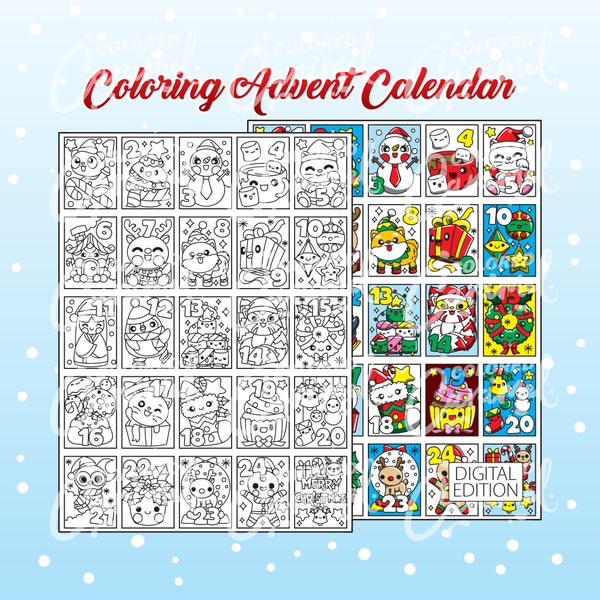 Kawaii Coloring Advent Calendar Printable PDF Download, Christmas Coloring Page with Cute, Joyful and Festive Illustrations