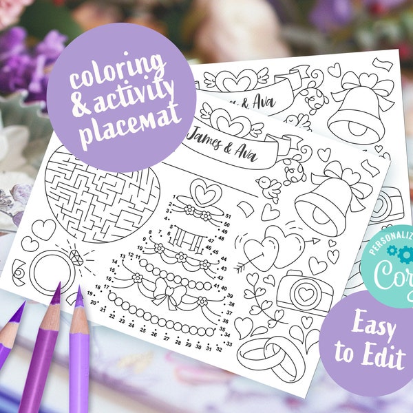 Wedding Coloring Placemat for Kids with Cute Activity Games, Easy to Customize, Edit in Corjl, Instant Digital Download Printable Sheet