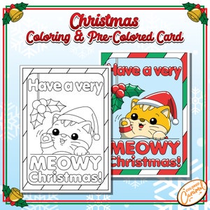 Frohe Weihnachten Katze Färbung Karte für Kinder, färbbar und vorgefärbte Urlaub Grußkarte, DIY festliche druckbare Sofortiger digitaler Download