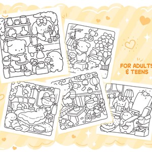 May include: A collection of five black and white coloring pages featuring cute cartoon characters in various scenes. The pages include scenes of pottery, gardening, and relaxing indoors. Text on the image reads "FOR ADULTS & TEENS."