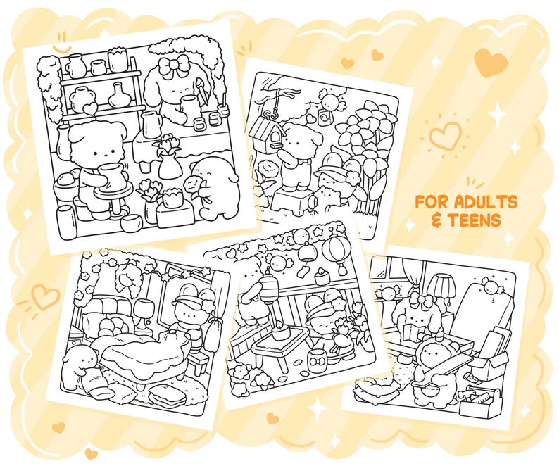 May include: A collection of five black and white coloring pages featuring cute cartoon characters in various scenes. The pages include scenes of pottery, gardening, and relaxing indoors. Text on the image reads "FOR ADULTS & TEENS."