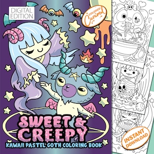 Libro para colorear gótico pastel, espeluznante y lindo Kawaii Descarga instantánea de páginas imprimibles en PDF para colorear, ilustraciones divertidas y relajantes para aliviar el estrés