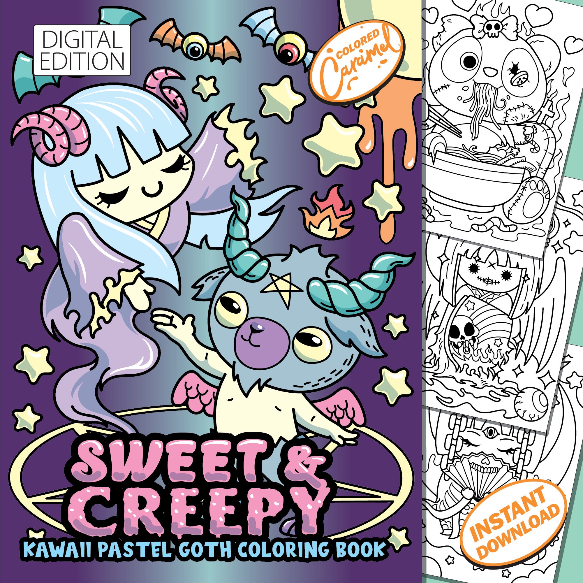 Pastel Goth Coloring Book, Creepy Cute Kawaii Instant Download Printable PDF Colorable Pages, Fun Relaxing Illustrations for Stress-Relief