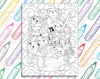 Kawaii Coloring Page Digital Download PDF with Cute Cats in Ramen Noodle Bowl Beautiful Japanese Inspired Drawing & Illustration