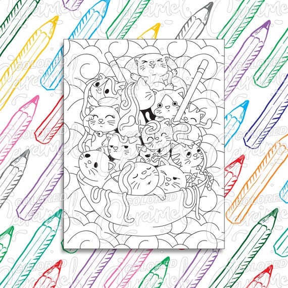 Kawaii Coloring Page Digital Download PDF with Cute Cats in