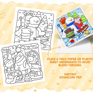 May include: Three winter-themed coloring pages. One is colored with a snowman and friends, the other two are black and white line drawings. Text reads: PLACE A THICK PAPER OR PLASTIC SHEET UNDERNEATH TO AVOID BLEED-THROUGH. INSTANT DOWNLOAD PDF.