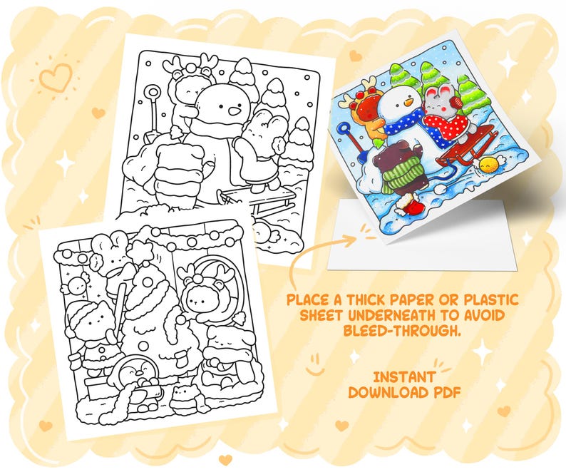 May include: Three winter-themed coloring pages. One is colored with a snowman and friends, the other two are black and white line drawings. Text reads: PLACE A THICK PAPER OR PLASTIC SHEET UNDERNEATH TO AVOID BLEED-THROUGH. INSTANT DOWNLOAD PDF.