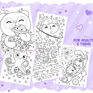May include: Four black and white coloring pages with adorable cartoon characters, including a panda, sheep, octopus, and cat, with space and food themes. Text reads "FOR ADULTS & TEENS". The pages are set against a purple border with heart shapes.