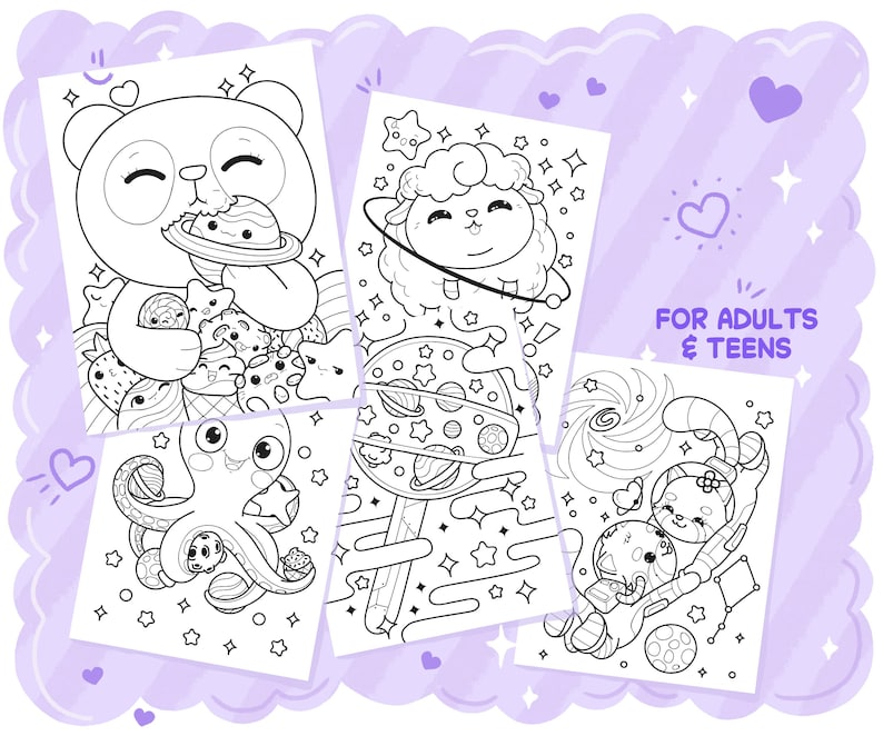 May include: Four black and white coloring pages with adorable cartoon characters, including a panda, sheep, octopus, and cat, with space and food themes. Text reads "FOR ADULTS & TEENS". The pages are set against a purple border with heart shapes.