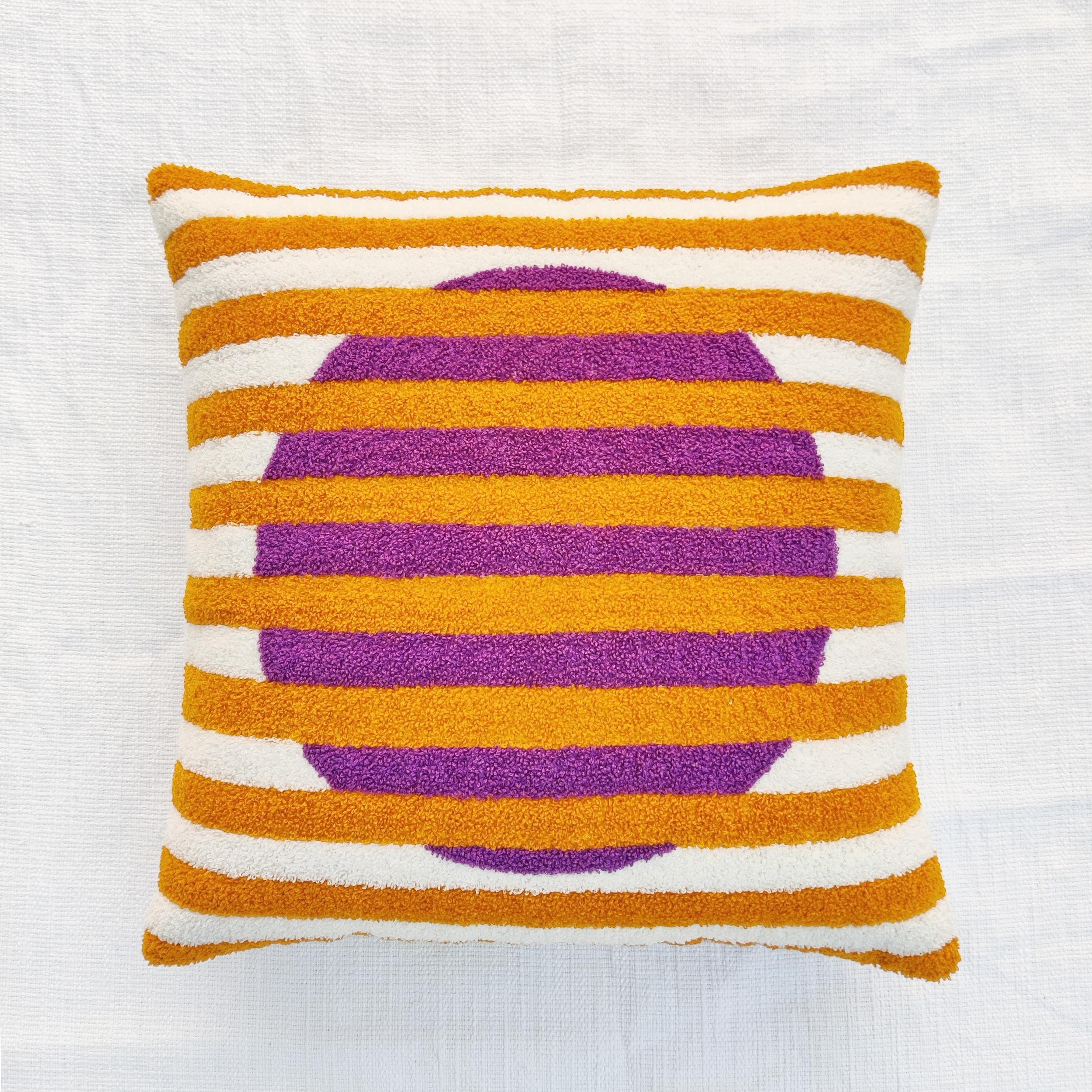 Purple, Mustard  & Ivory Embroidered Boho Textured Throw Cushion Cover Decorative Handmade Pillow Cover
