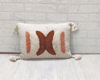 Rust Orange Blush Pink & Ivory 100% Raw Cotton Fabric Pillow Cover Embroidered Tufted Textured Boho Lumber Pillow Cover