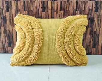 Mustard Yellow Boho Textured Pillow Case Cotton Tufted Textured Pillows 14x20 Cushion Cover Lumber Pillow