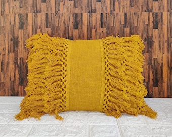 Mustard Yellow Textured Fringe Cotton Boho Pillow Cover