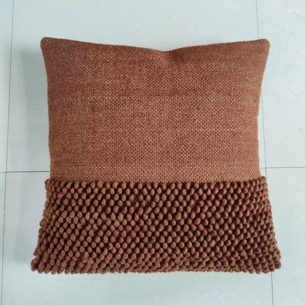 Pillow Cover Deep Orange Rust Orange Chunky Loops Hand Woven 100% Wool Inches Decorative Throw