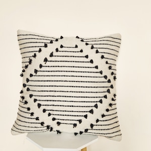 Hand Woven Cotton Pillow Cover: Ivory Black Boho Throw Pillow