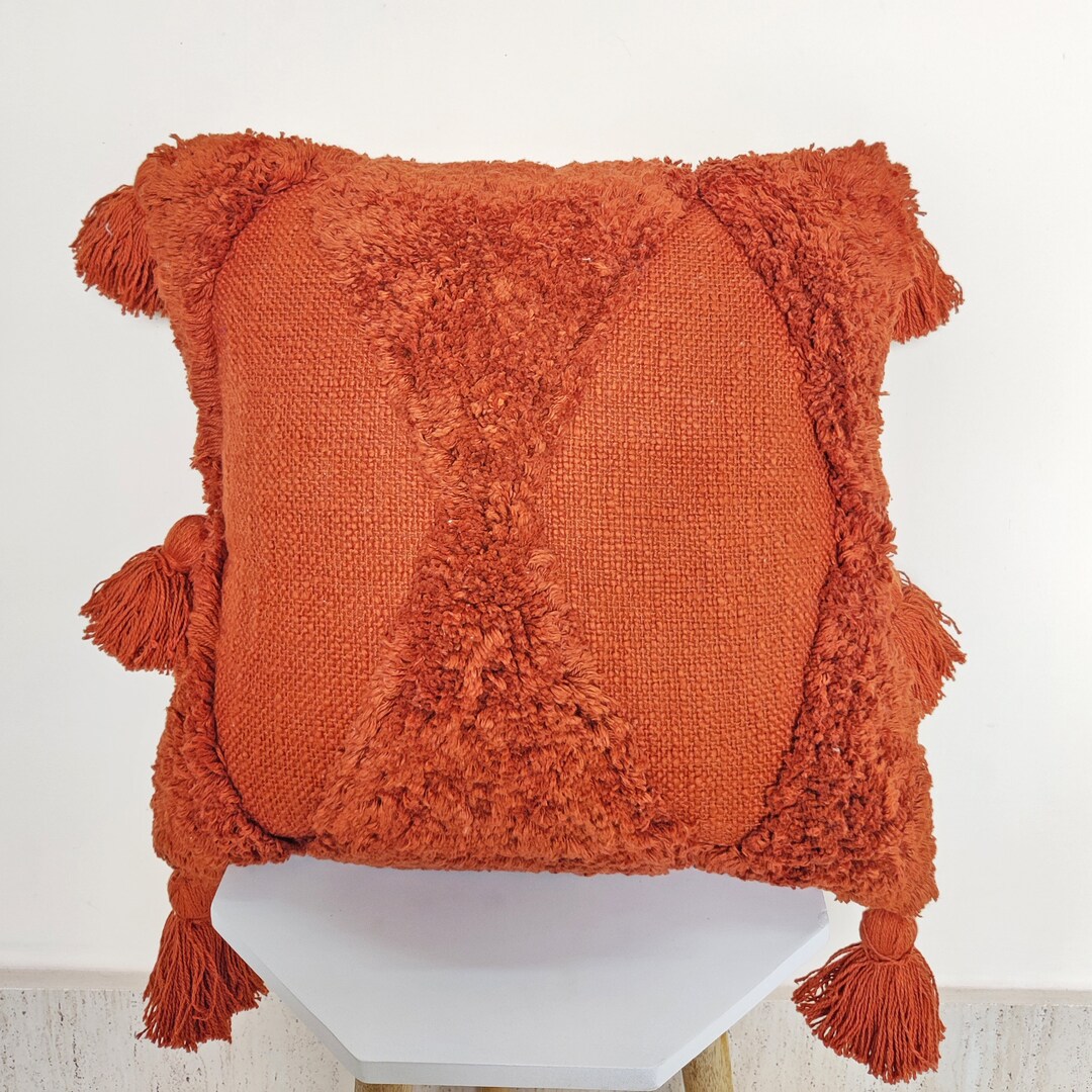Rust Orange Embroidered Tufted Textured 100% Raw Cotton Hand 18x18 ...