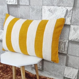 Yellow White Striped Pillow Cover: Boho Cotton Throw Pillow (14 x 20 inches)