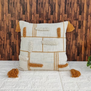 White And Yellow Pillow Cover 18x18 inches Tassel Handmade Cotton Cover