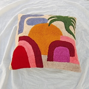 Capa de almofada bordada em lã de carneiro feita à mão: almofada de algodão texturizada Boho (40,6 x 40,6 cm)