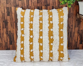 Textured Tufted Ivory White And Mustard Yellow Pillow Cover 18x18 inches Handmade Cotton Cover