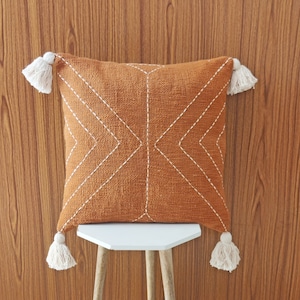 Hand Machine Stitches Cushion Cover  100% Cotton Rust Orange Handmade Decorative Indian Boho Textured Throw Pillow