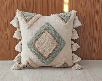 Sage Green Brown Multi Color Embroidered Tufted Diamond Raw Cotton Boho Decorative Throw Cushion Cover With Tassel