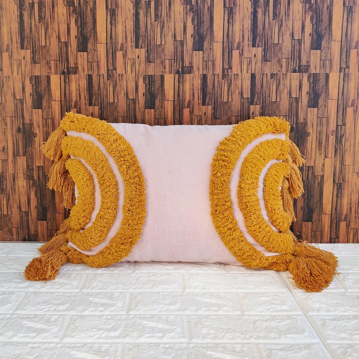 Mustard Yellow & Pink Tassel Pillow Cover Boho Textured Pillow Etsy