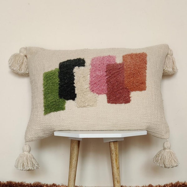 Embroidered Cotton Throw Pillow Cover: Multi Color Tufted Tassel Lumbar
