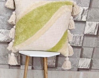 Ivory & Light Green Boho Textured Cotton Throw Pillow Case Crewel Embroidered 18x18, 20x20 Cushion Cover Decorative Handmade Pillow Cover