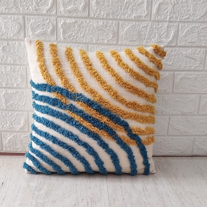 Blue & Mustard Yellow Abstract Tufted Textured Cotton  Decorative Throw Pillow Cover Indian Handmade Boho Pillow Case
