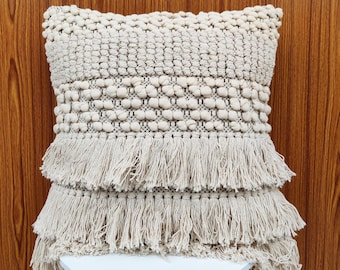 Semi White Boho Hand loom Fringe Woven Textured Cushion Cover