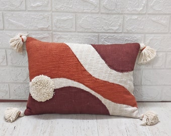 Terracotta Brick Red Chocolate Brown & Ivory 100% Raw Cotton Fabric Applique Embroidered Tufted Textured Boho Pillow Cover