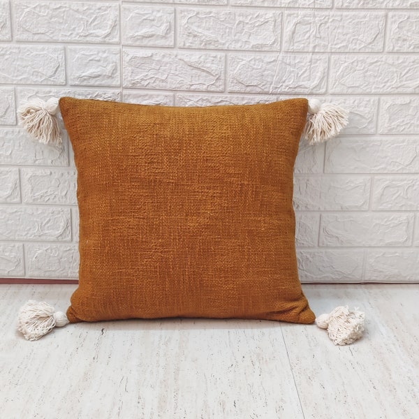 Yellow Solid  Natural Raw Cotton Hand Loom Woven Hand Dyed Textured Fabric Boho Cushion Cover