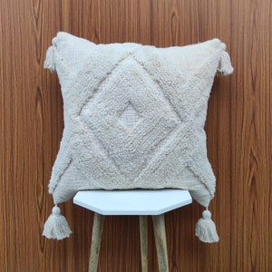 Ivory Tufted Cotton Throw Pillow Cover: Boho Tassel Accent (20x20 Inches)