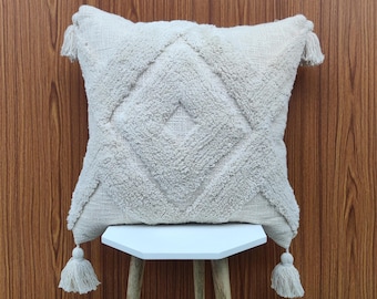 Ivoire blanc 100% coton Tufted 20x20 pouces Boho décoratif jeté housse d’oreiller touffetée texturée tassel taillier