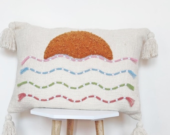 Embroidered Cotton Throw Pillow Cover: Tufted Sunset Design, Tassel Corners