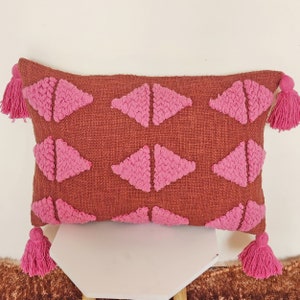 Boho Rust and Pink Embroidered Pillow Cover with Tassels