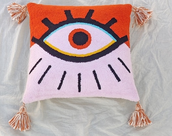 Evil Eye Embroidered Throw Pillow Cover: Pink Boho Cushion, 16x16