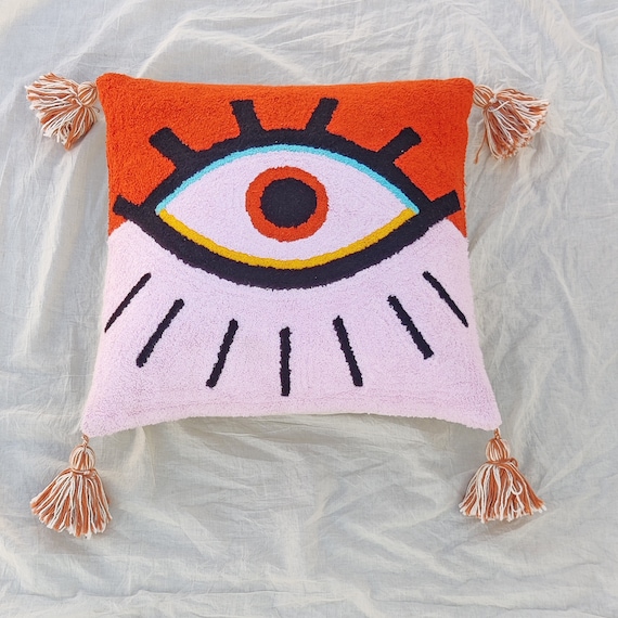 トルコ製　手刺繍　クッションカバー　魚の刺繍　オレンジ イーヴィルアイ刺繍入りクッションカバー：ピンクボヘミアン風