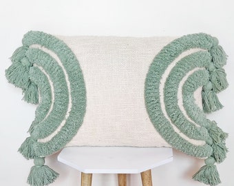Boho Sage Green Tassel Pillow Cover: Textured Cotton Lumbar Cushion (14x24, 12x20)