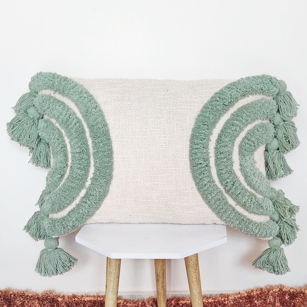 Boho Sage Grün Quaste Kissenbezug: Lendenkissen aus Baumwolle (14x24, 12x20)