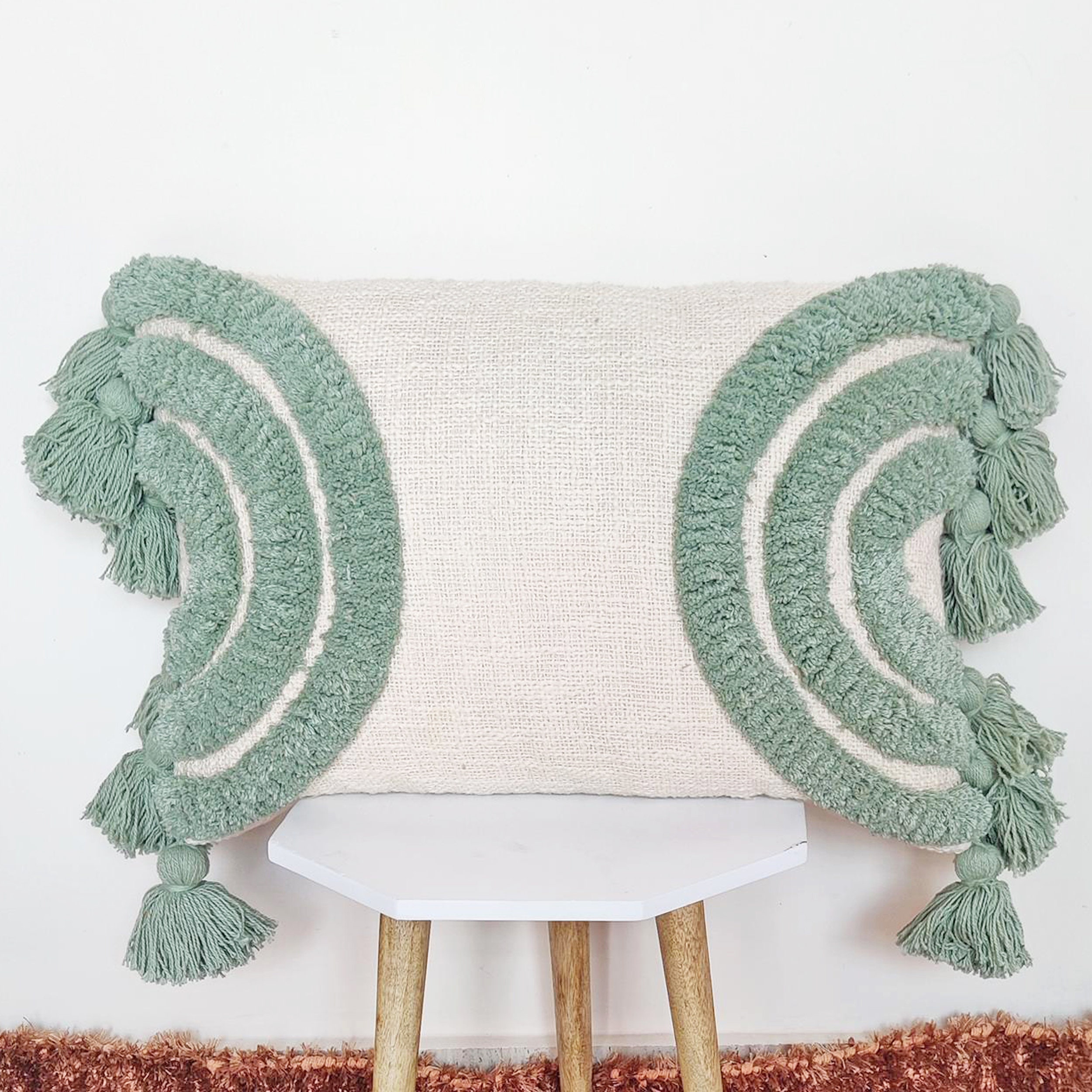 Boho Textured Sage Vert et Blanc Naturel Oreiller avec Glands 14x24 Pouces 12x20 Coton Housse d'orei