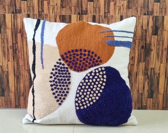 Embroidered Boho Pillow Cover: Navy, Rust, & Ivory Cotton Cushion