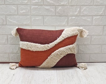 Terracotta Brick Red Chocolate Brown & Ivory 100% Raw Cotton Fabric Applique Embroidered Tufted Textured Boho Pillow Cover