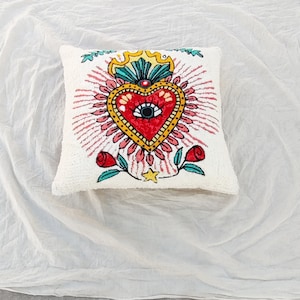 Handmade Crewel Embroidered Cotton Pillow Cover: Boho Evil Eye Design